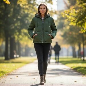 TOPSHOP Hooded Puffer Jacket Womens Olive Green Lightweight Quilted Coat Size 8‎